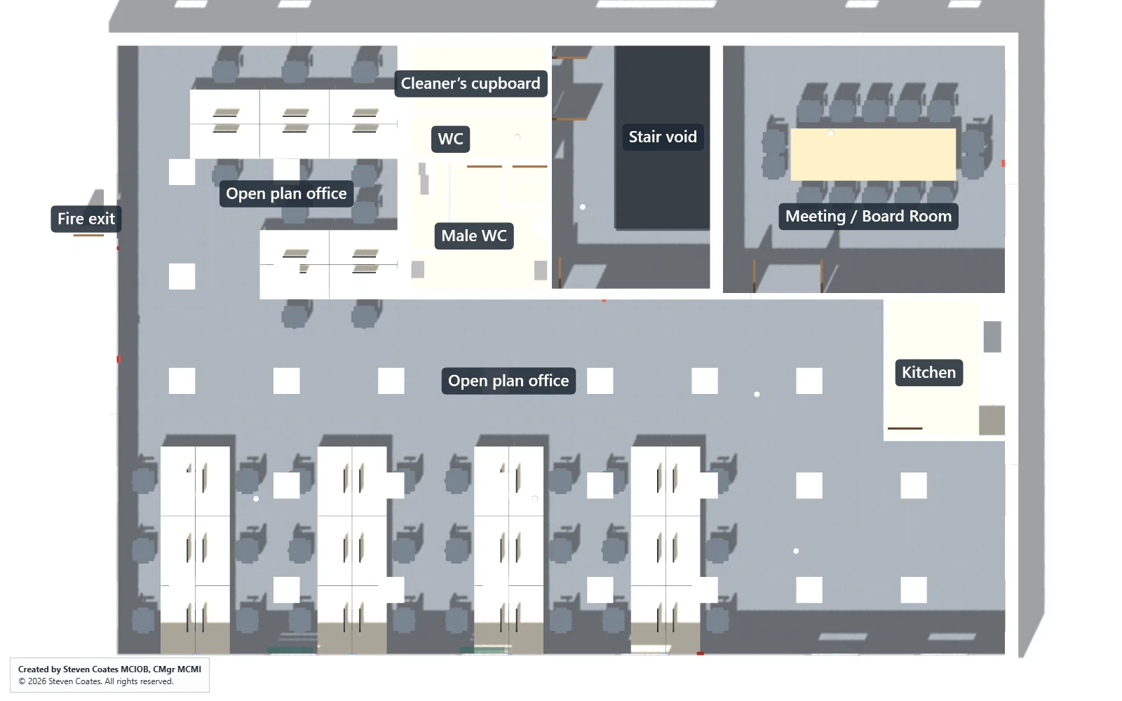 Plan view of the office model with desks, meeting room and labelled rooms