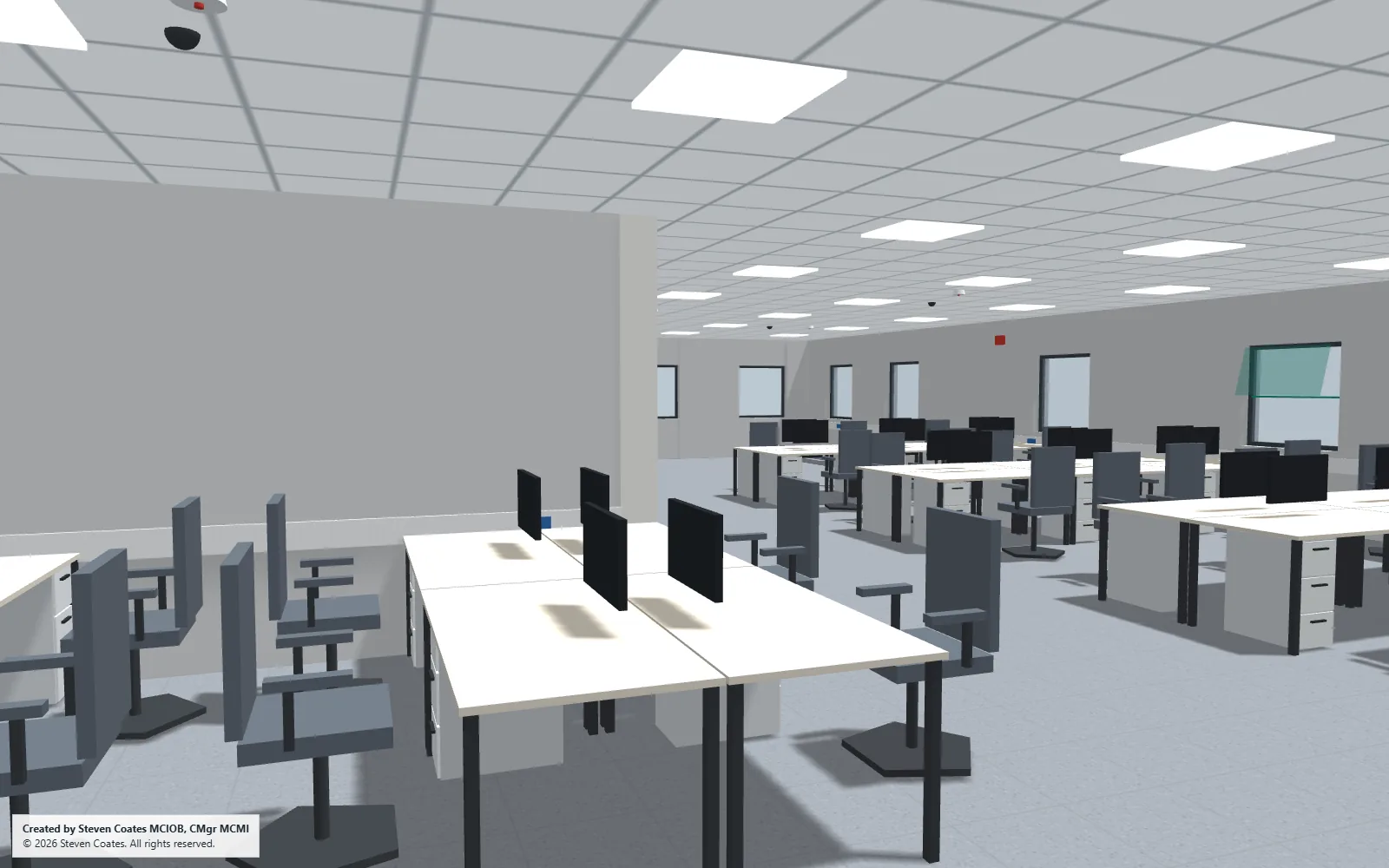 Eye-level walkthrough view inside the same office, showing desks, chairs and ceiling lighting