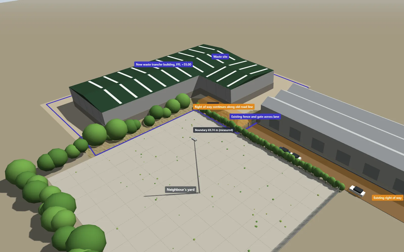 Aerial 3D view of the existing right of way continuing along the old road line