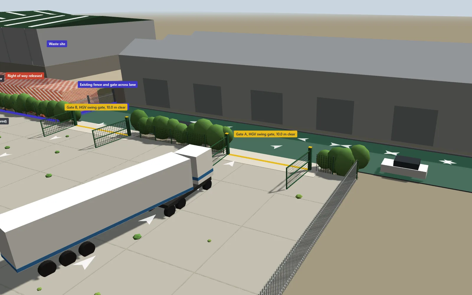 Close view of Gate A, a new HGV swing gate with a 10 metre clear opening