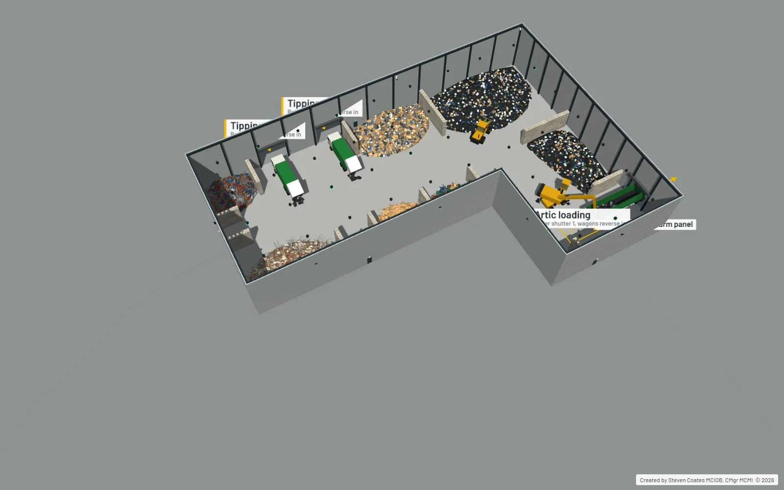 3D model of the same building, showing the bays, stockpiles, plant and wagons