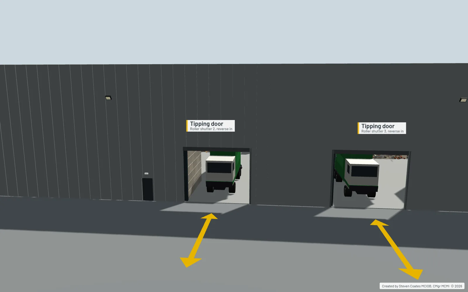 View from the yard of two roller-shutter tipping doors with wagons reversing in