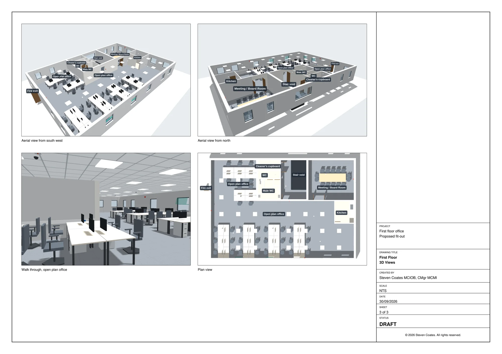 Drawing sheet of 3D views of a completed office layout