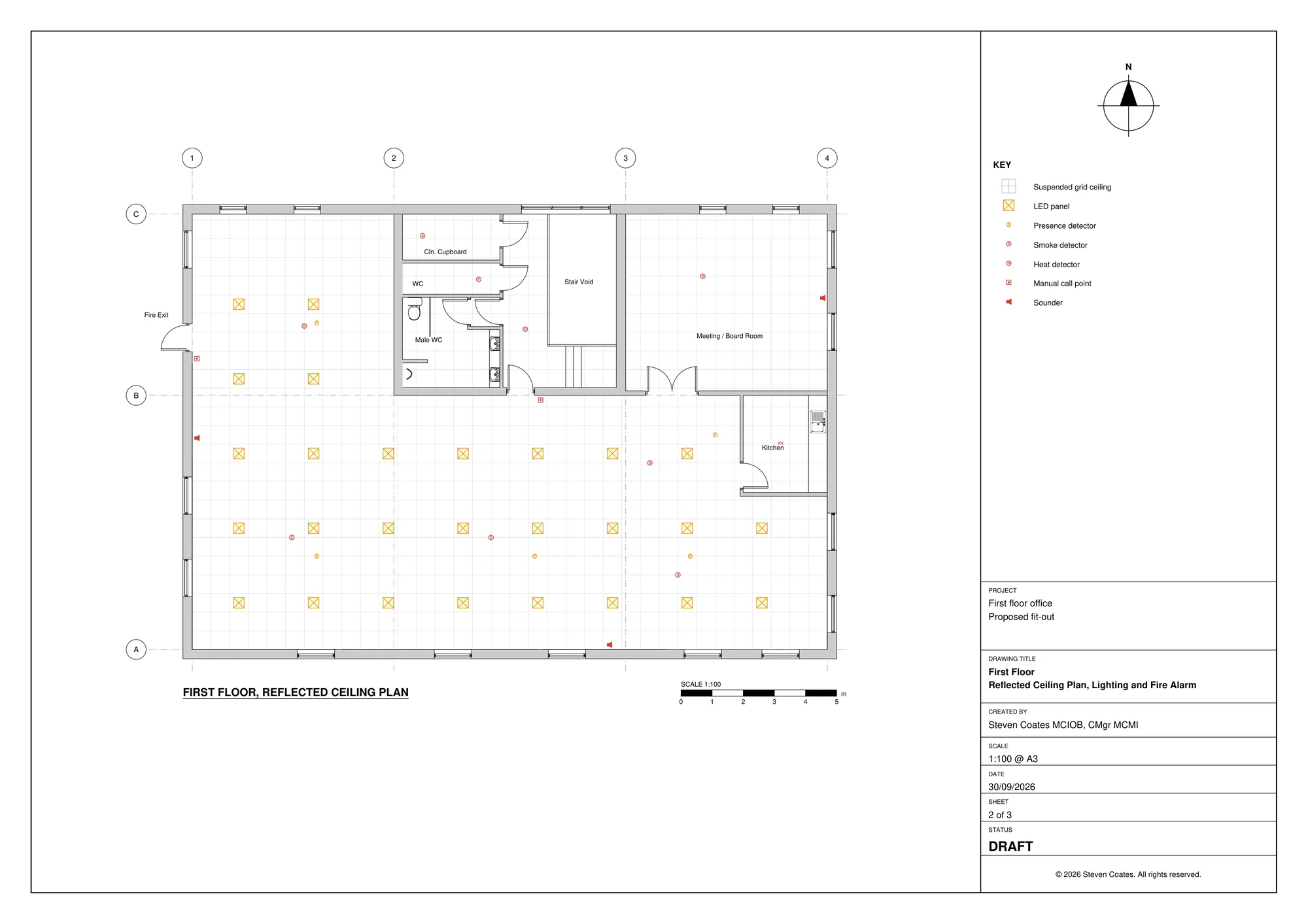 Reflected ceiling plan with lighting and fire alarm layout